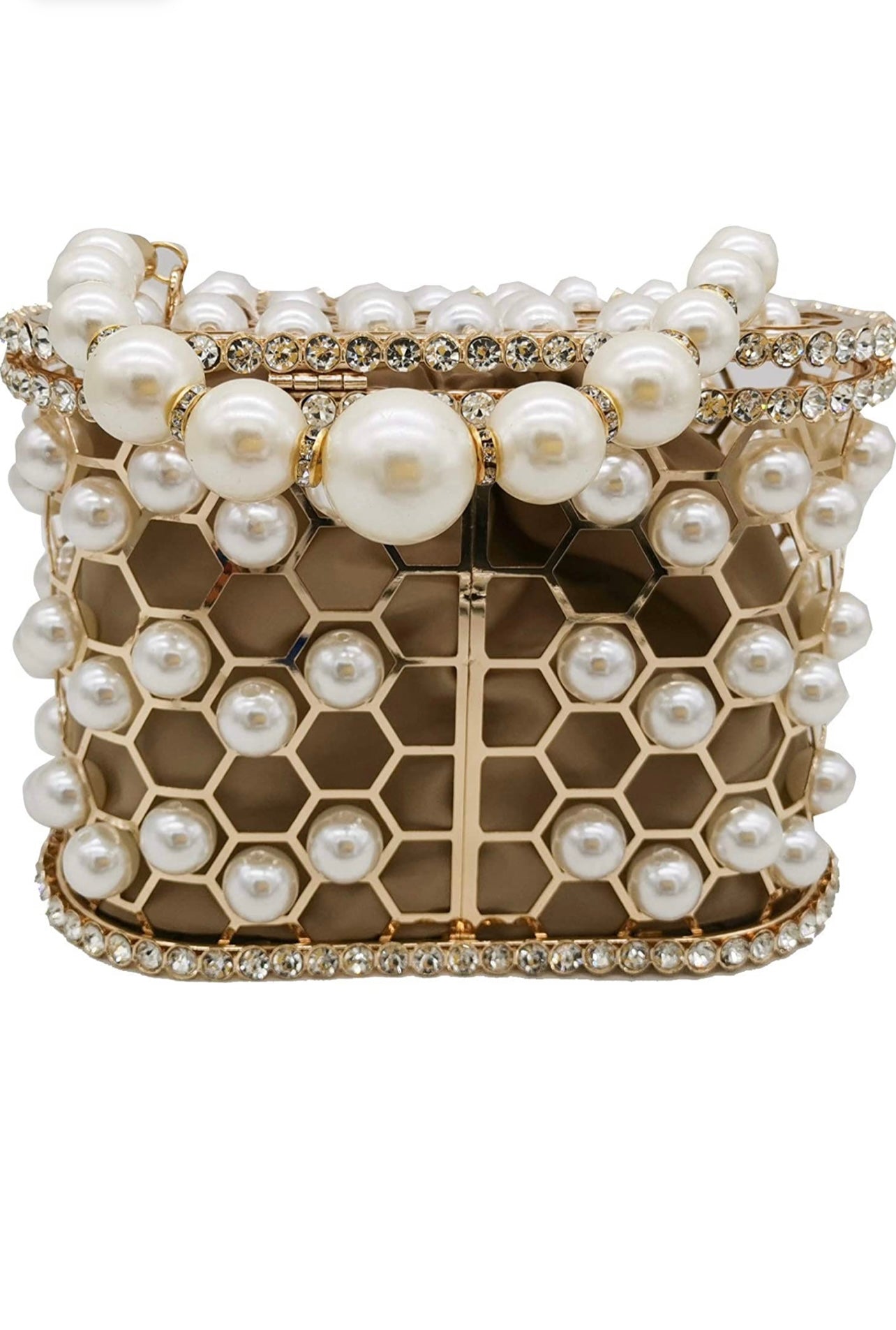 Top-Handle Large Pearl Hexagon Hard Gold Metal Bucket Purse For